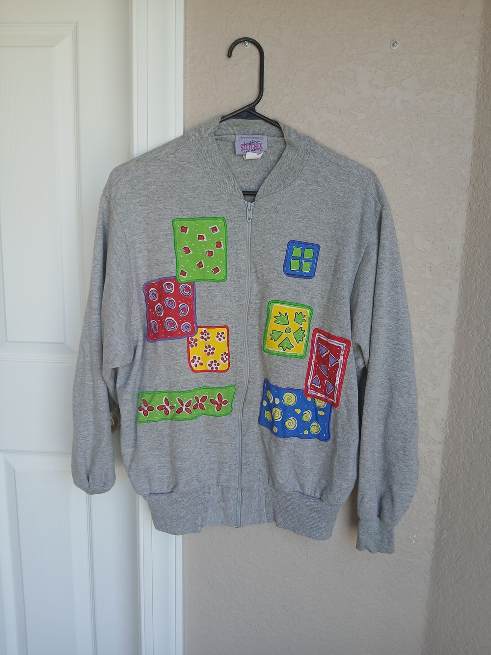 Stitches Gray Zip-Up Jacket with Colorful Patchwork Squares